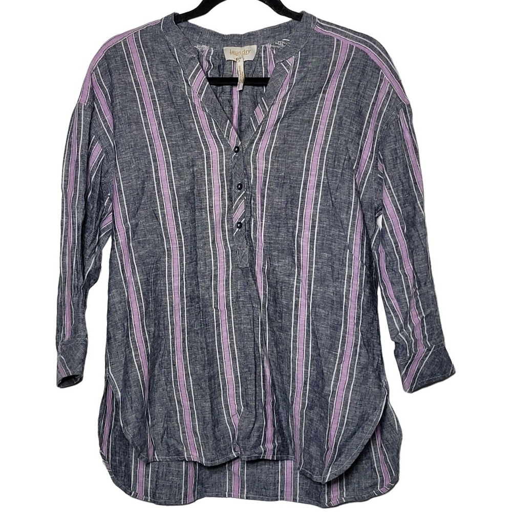 Laundry by Shelli Segal Womens Linen Blend Striped Top Small Coastal Beach Tunic - Picture 2 of 9